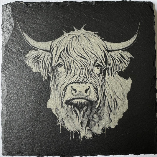 Laser Etched  Highland Cow Slate Coasters x 4